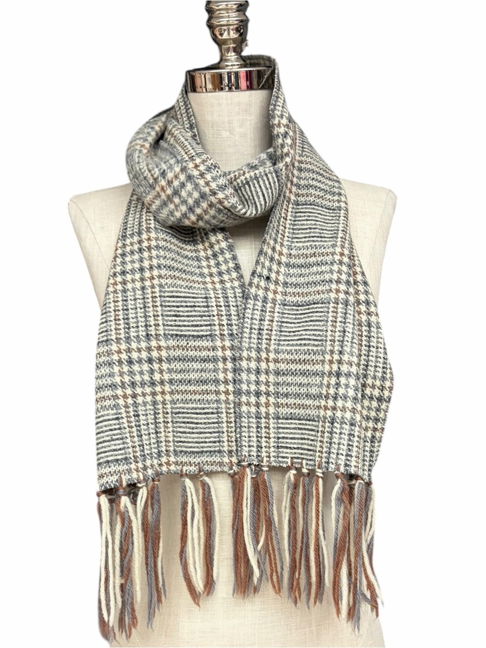 Vintage Glen Plaid Scarf Gray Brown Cream Fringe 60” Preppy Neutral